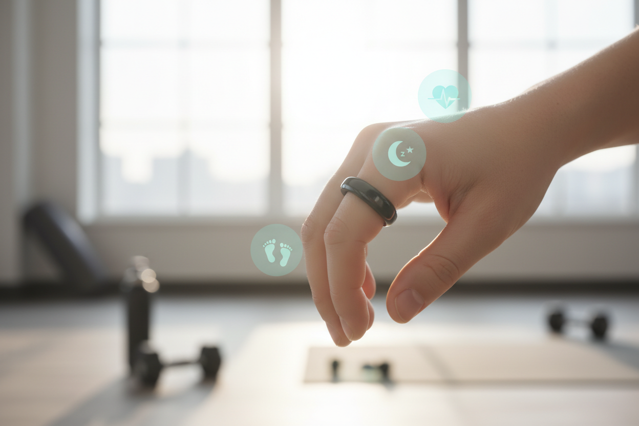 black wedding band like fitness ring on finger, fitness background, soft daylight, clean nails, no distracting jewlery. soft overlay of health metric icons heart rate, sleep, steps. icons should be subtle and transparent