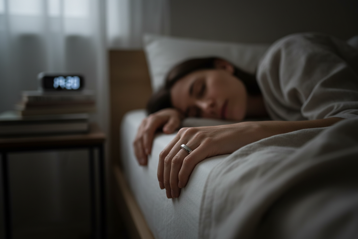 show woman sleeping with her hand hanging over the side of hte bed with a silver wedding band like fitness ring. 